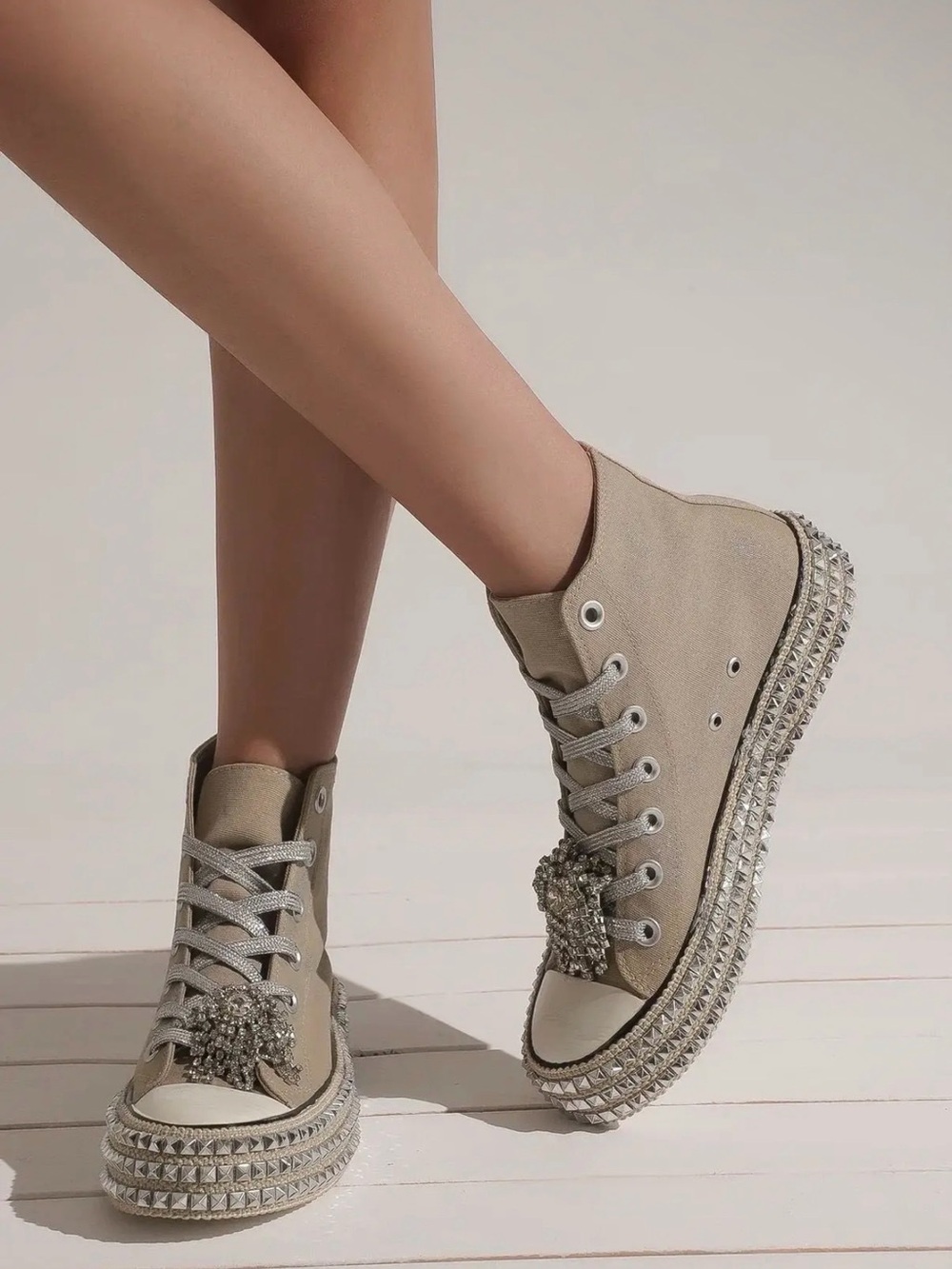 Beast Fashion ASH-01 Khaki Rhinestone Studded High Top Sneakers Women’s 9